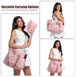 SKCOYH Large Tote Bags for Women with Zipper, Waterproof Work Bag with 15.6-Inch Compartment, Ideal for Nurse, Teacher, Travel, Gym, Beach, Yoga, School with Adjustable Strap (Pink)