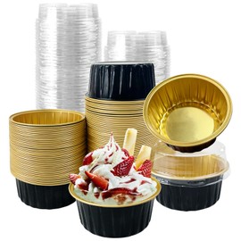 100Pcs Aluminum Cups with Lids,5oz Disposable Ramekin Baking Cups Muffin Liners Mini Pie Pans Foil Cupcake Containers for Christmas Party Wedding,Black Gold