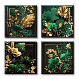 Green and Gold Wall Decor Tropical Plant Gold Leaves Pictures Canvas Prints Emerald Green Mid Century Modern Botanical floral Aesthetic Artwork for Living Room Bedroom Home Decorations 12"×12"×4