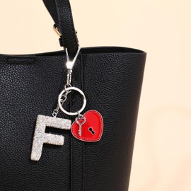 Winssigma Initial Letter Keychain, Sparkly Rhinestones Backpack Car Keychain with Cute Heart Shape Pendant(F-White)