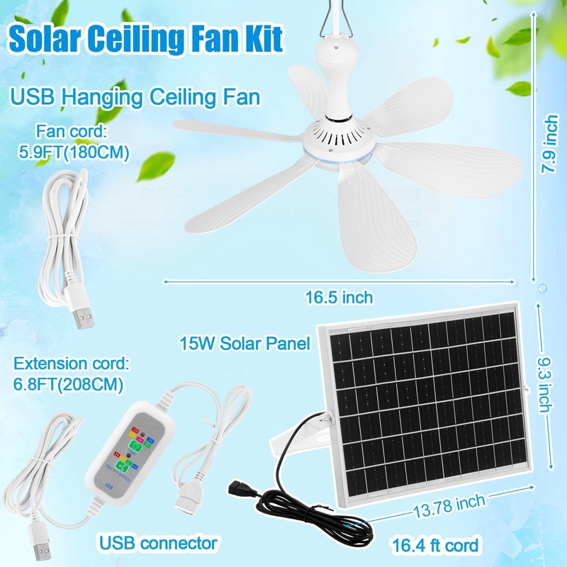 Tujoe 2 Set Solar Ceiling Fan Kit 16.5'', 15w Monocrystalline