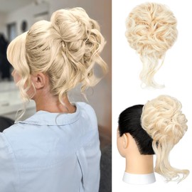 Messy Bun Hair Piece Tousled Updo Hair Extension with Elastic Rubber Band Synthetic Curly Wavy Hair Bun Scrunchie for Women Girls, Bleach Blonde 1.2oz