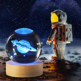 KPNUWN 3D Saturn Crystal Ball Night Light with Stand, Clear Glass Ball Light, 3.07 inch Crystal Lamp 16 Color Changing Night Light for Bedroom Decor, Ideal Birthday Gift for Teens Boys and Girls