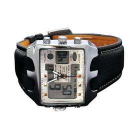 ShoppeWatch Mens Soccer Referee Watch Big Square Face LED Dual Time Analog Digital Light Up Dial Stopwatch Leather Band Reloj Deportivo para Hombre Cronometros Wacht OH112