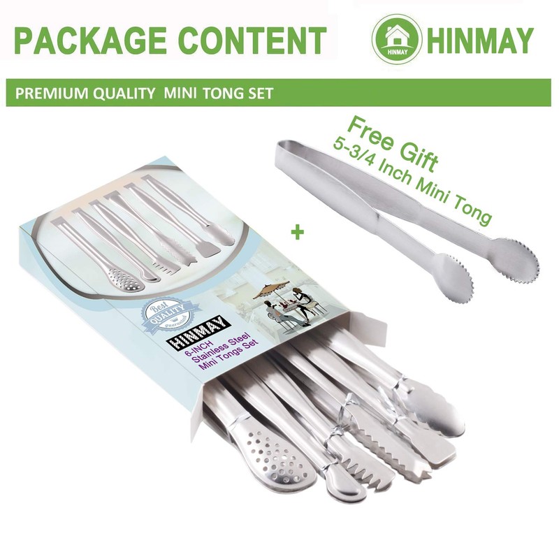 HINMAY Small Serving Tongs Set 6-Inch Appetizer Tongs Stainless Steel