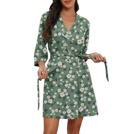 PrinStory Womens Robe Waffle Robes for Women Soft Bathrobe Lightweight Knee Length Loungewear FP-Green Sunflower-L