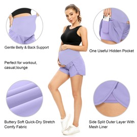 POSHGLAM - Pantalones cortos de maternidad para mujer sobre el vientre para correr, casual, verano, embarazo, pantalones cortos, Lila, Small