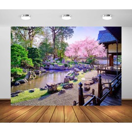 Loccor 6x4ft Fabric Japanese Garden Backdrop Courtyard Blooming Cherry Blossom Pond Old Japan Garden Panoramic Scenery Background for Home Japanese Wall Decor Photo Props