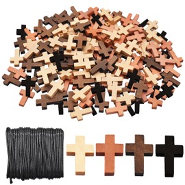 Saijer Wooden Cross Pendants, Pack of 200 Wooden Cross Scattered Items Christening Decoration 4 Colours Blessing Cross Charm for DIY Necklace Jewellery Accessories Christening
