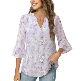Lotusmile Business Casual Tops for Women: Purple 3/4 Length Sleeve Womens Tops Dressy - Holiday Outfits for Women 2024 - Flowy Notch V Neck Chiffon Layers Work Shirts (Purple/White Embroidery, Large)