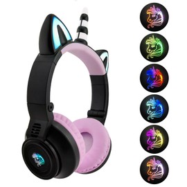 Yusonic Unicorn Kids Wireless Headphones, Toddler Bluetooth Headphones for Girls Boys laptop Tablet,Led Light Up Kids Headphone for Birthday travel school Gifts. (Black Purple)