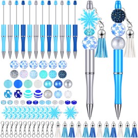 Jutom 12 Pcs Snowflake Christmas Beadable Pens Kits Include 50 Pcs Colorful Beads 12 Tassels 12 Pendants Assorted Focal Bead DIY Making Pens Set for Christmas Gift Bulk