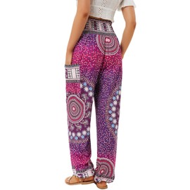 QIANXIZHAN Women's Harem Pants, High Waist Yoga Boho Trousers with Pockets Rose Red M