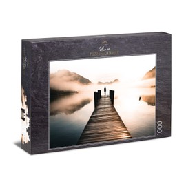 Ulmer Puzzleschmiede - Puzzle "Dive In" - Atmospheric 1000 Piece Puzzle for Adults - Peace and Relaxation on the Bridge in the Mist Over the Lonely Lake - Puzzle Made in Germany