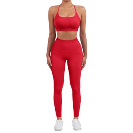 SUUKSESS Women Seamless 2 piece Workout Sets Strappy Padded Sports Bra Booty High Waisted Leggings Outfits (Red,M)