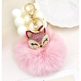 Adorable Kitty CAT Pink PUFF Rhinestone PURSE CHARM Clip On KEY RING Key Chain