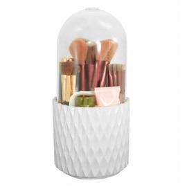 VNIMTI Rotating Makeup Brush Holder with Lid, Makeup Brush Organizer for Vanity, Makeup Organizer Countertop, Spinning Makeup Brushes Storage Perfume Organizer for Dresser, Bathroon Counter (White)