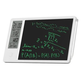 Digital Desk Calendar with Notepad, Electronic Calendar with Pen and Display of Time, Day, Temperature and Humidity, Erasable 9.5 Inch LCD (White)