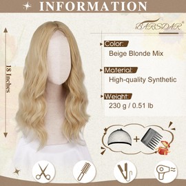 BARSDAR 45 cm Wavy Blonde Wig, Medium Long Wavy Blonde Wig for Women, Middle Parting, Curly Hair, Heat Resistant, Synthetic Shoulder Length, Natural Wig - Beige Blonde Mixed