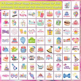 CHARLENT Glitter Happy Birthday Tattoo Stickets for Kids - 74 Individually Sheets Temporary Tattoos Birthday Gifts for Boys Girls