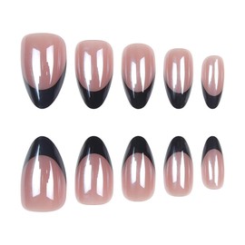 LPOODDNU Almond Press on Nails Black French Tip Medium Fake Nails Glossy Full Cover Coating Stick on Nails Gradient Plating False Nails Cute Acrylic Nails Press ons Chrome Nails for Women Girls 24Pcs