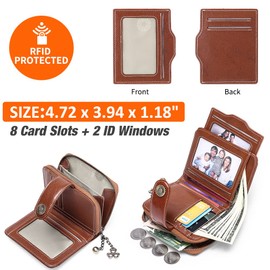 GOIACII Wallet for Women Leather Small RFID Blocking Bifold Zipper Pocket Card Holder with ID Window Brown