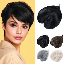 Yamel Hair Topper with Bangs 3 Clips Multi-Dimensional 7 Inches Short Synthetic Wiglets Natural Hairpieces for Thinning Hair Natural Black