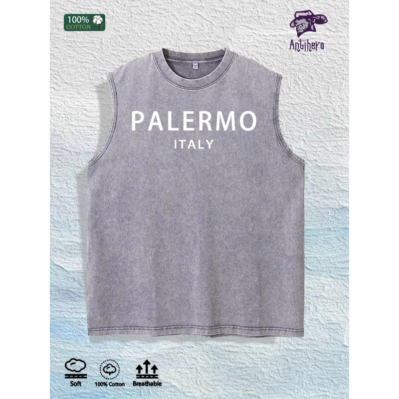 Palermo Italy Graphic Washed Vest US Warehouse 3 Colors Cotton