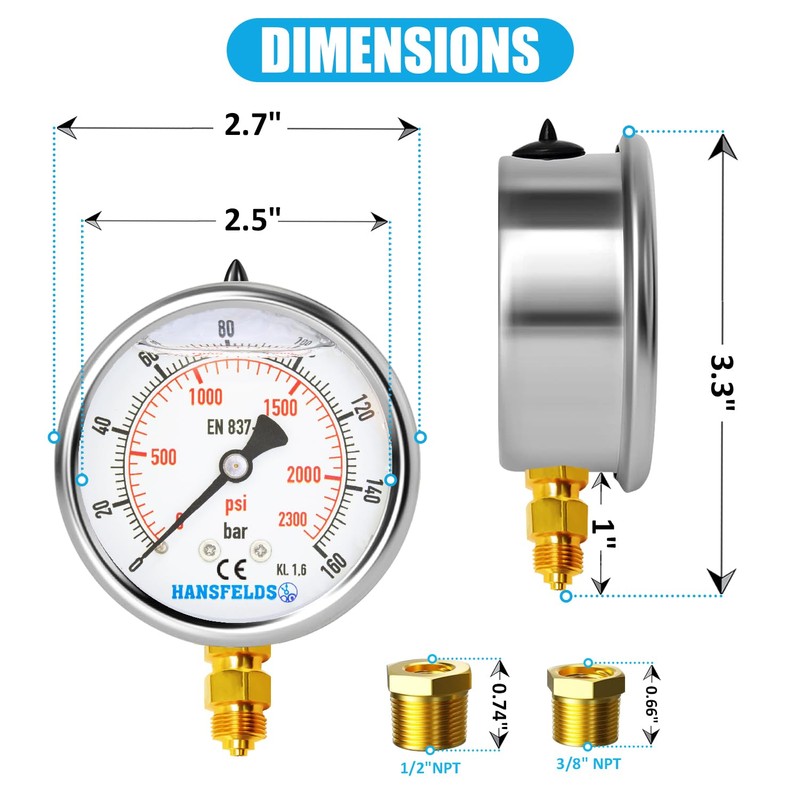Hansfelds 0-160bar Pressure Gauge Liquid Filled 1/4''BSP Lower Mount 63mm