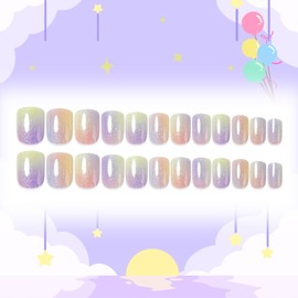 Kawyehu 24pcs Press on Nails for Kids Short Square Fake Nails for Girls Self-Adhesive Full Cover for Girls Kids Nail Decoration (Purple Galaxy)
