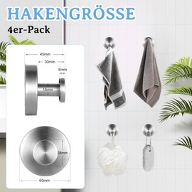 Soleeya Pack of 4 Suction Cup Hooks Made of Stainless Steel Waterproof Towel Hooks Silver Suction Cup No Drilling Required Towel Holder Suction Cup Extra Strong Hanger for Towels Suction Cup for