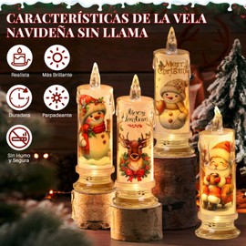 Nasjac Velas Led Navidad Decorativas, 4 PCS Velas Eléctricas Sin llama Impermeables, Velas dePilar Luz Cálida Gue Funcionan Pilas, Luces Veladoras Iluminación para Navideña (Blanco（Navidad）)