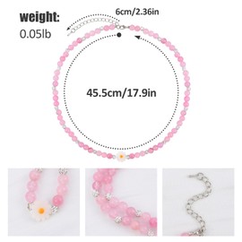 Bohemian Pink Beaded Necklace for Women with Cute Daisy Charm Gemstone Crystal Beads Choker Necklace Glass Beads Y2K Preppy Statement Necklace Adjustable Boho Summer Beach Jewelry Gift for Women