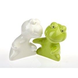 by-Bers Frog Hugging Also as Cow, Mouse, Animals, Elephant Salt and Pepper Shaker Set, Ceramic (S+P_Frog_Light Green-White)