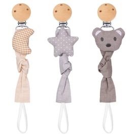 Fanshiontide Wooden Dummy Chain, Pack of 3 Baby Dummy Chain with Knitted Cartoon Image Straps for Girls, Boys and Newborns (BPA Free)