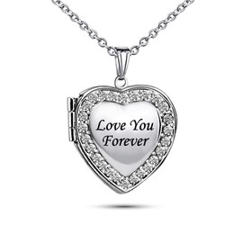 KunBead Jewelry Love You Forever Picture Photo Heart Locket Birthday Pendant Necklace that Holds Pictures for Women Girls