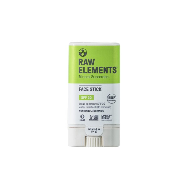 Raw Elements Face Stick All-Natural Mineral Sunscreen | Non-Nano Zinc Oxide, 95% Organic, Very Water Resistant, Reef Safe, Non-GMO, Cruelty Free, SPF 30+, All Ages Safe, Moisturizing, 0.5oz