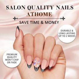 French Tip Press on Nails, Almond Medium Fake Nails with Nail Glue, Bow Rhinestone Reusable Soft Gel Stick On Nails for Women Girls Gift, 24PC Cute Glue On Nails Kit