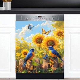 Blue Birds Magnet Dishwasher Cover, Butterfly Sunflower Panels, Garden Flowers Dishwasher Magnetic, Refrigerator Door Decals Kitchen Cabinets Appliance Decor 23Wx26H Vinyl Sticker