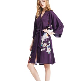 Prettystern Women's Knee-Length 100% Silk Satin Silk Coat Kimono Dressing Gown Night Dress Jacket Silk Robe, sk13 dark purple