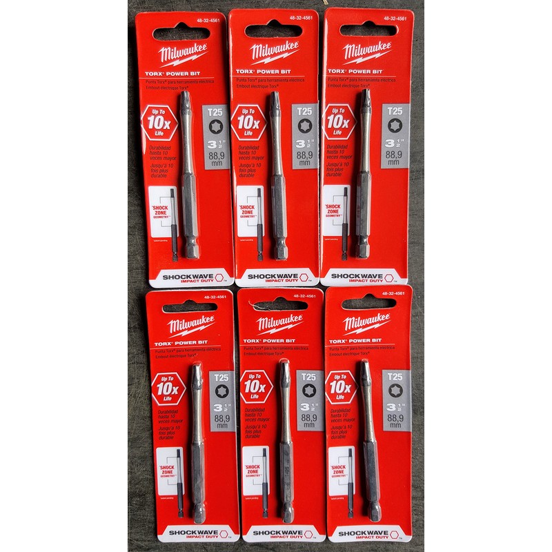 (6-PACK) Milwaukee 48-32-4561 SHOCKWAVE 3-1/2" Impact Torx T25 Power Bits
