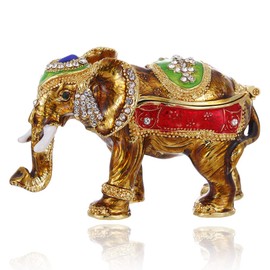 Vie jeune Hand Painted Enamel Hinged Lucky Elephant Trinket Box, Unique Mini Ring Necklace Jewelry Organizer, Classical Antique Bejeweled Storage, Figurine Collectible Keepsake Home Decor (Elephant)