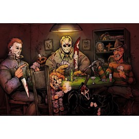 Laminated Slashers Playing Poker Jason Michael Chuckie Freddie Poster 24x36 In