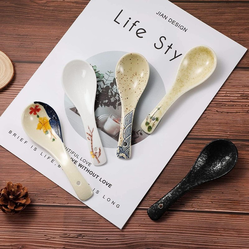 6 Pieces Japanese Retro Ceramics Soup Spoons Asian Soup Spoons