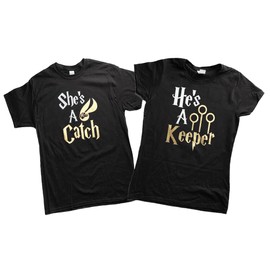 Couples Matching Shirts, She's a Catch He's a Keeper, Husband and Wife Shirts, Couples shirts, Family Matching Shirts, 1 Shirt only (M, She's A Catch, Black)