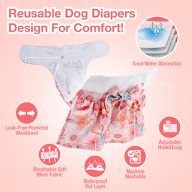 Pet Soft Female Dog Diapers - 3Pack Washable Dress-Style Dog Diapers Female for Girl Dog in Heat - Reusable Dog Period Panties|Puppy Diapers Female (Flower Dress, XL)