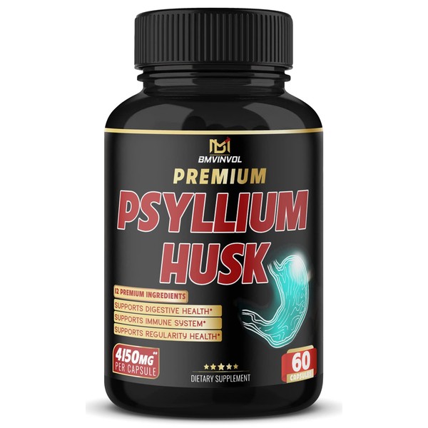 BMVINVOL (2 Packs) Premium Psyllium Husk Capsules 4150mg - 4 Months Supply - Ginger, Fenugreek, Turmeric - Psyllium Fiber Capsules for Supports Digestion & Regularity