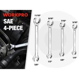 WORKPRO 4-Piece Flare Nut Wrench Set SAE Brake Line Wrenches Cr-V Steel 6-Point