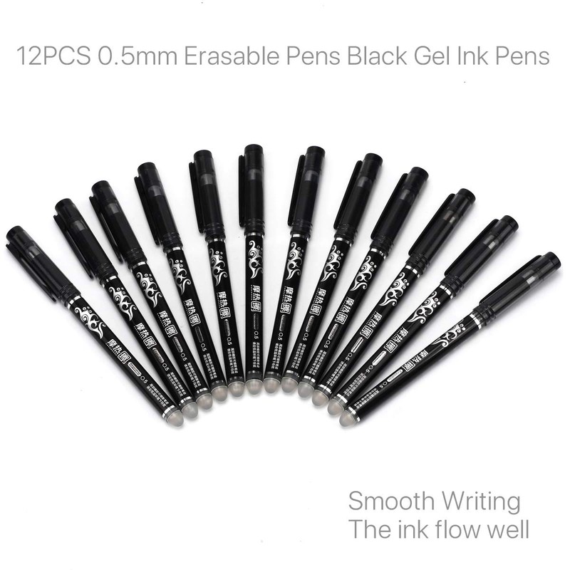WONOLO 12PCS 0.5mm Erasable Pen Black Gel Ink Roller Ball