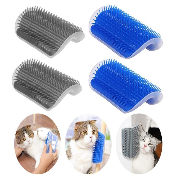 DOUBLE2C Cat Self Groomer, 4 Pack Cat Wall Corner Groomers with Catnip, Soft Face Scratchers Brush, Corner Massage Comb for Long & Short Fur Kitten/Puppy (Blue+Grey)